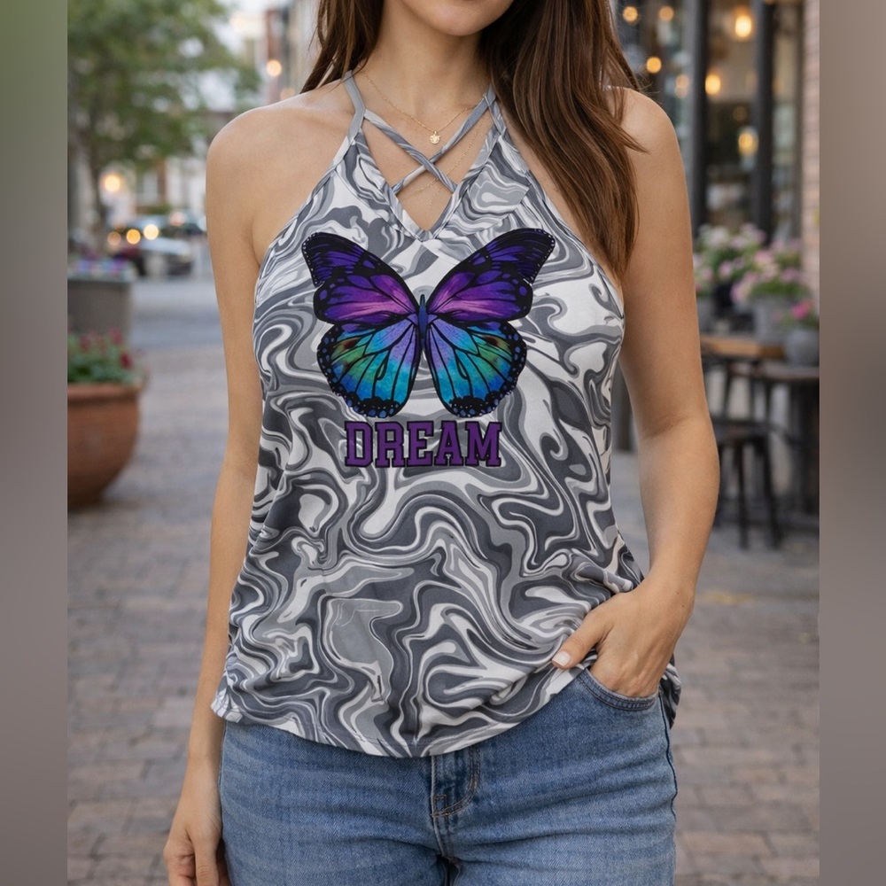 No Boundaries Dream Butterfly Halter Tank Top Marble Graphic Shirt Juniors